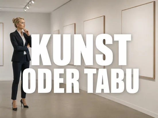 Blonde Geschaeftsfrau steht nachdenklich in einem Ausstellungsraum mit leeren Bilderrahmen, Schriftzug Kunst oder Tabu