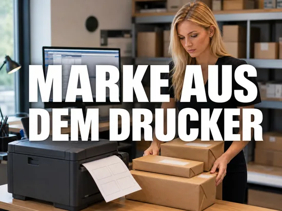 Blonde Frau am Versandtisch mit Paketen und einem Drucker, der Briefmarken-Bögen ausgibt, als Symbol für elektronische Briefmarken