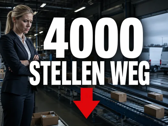 Post legt Logistiktöchter zusammen, 4000 Stellen fallen weg, besorgte Geschäftsfrau im Paketverteilzentrum vor rotem Abwärtspfeil