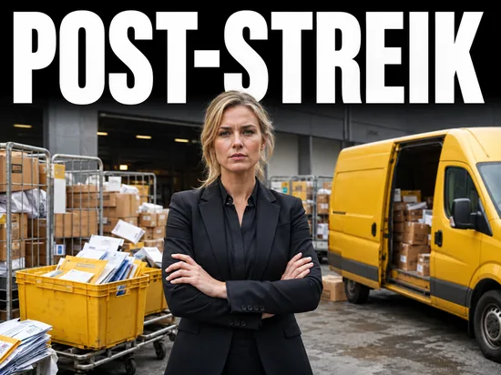 Ernste blonde Geschaeftsfrau vor Postverteilzentrum mit gelben Briefkisten, Paketen und Zustellfahrzeug, Symbolbild drohende Streiks bei der Post