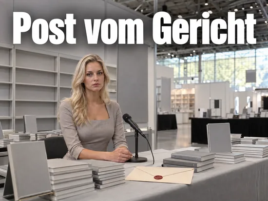 Frau im Kleid sitzt an einem Buechertisch auf einer Messe, davor liegt ein amtlicher Briefumschlag mit Siegel