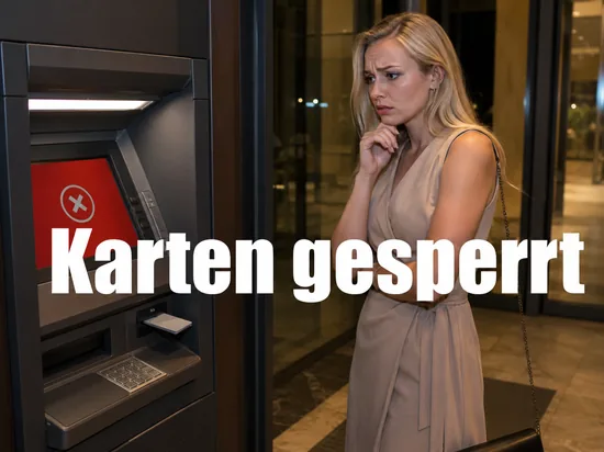 Geldautomat mit roter Fehlermeldung und steckender Bankkarte, davor eine Frau mit besorgtem Blick
