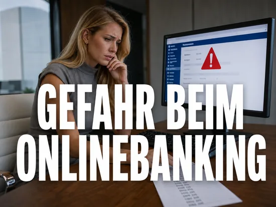 Blonde Geschaeftsfrau blickt besorgt auf Online-Banking-Oberflaeche mit Warndreieck neben einer TAN-Liste, Schriftzug Gefahr beim Onlinebanking