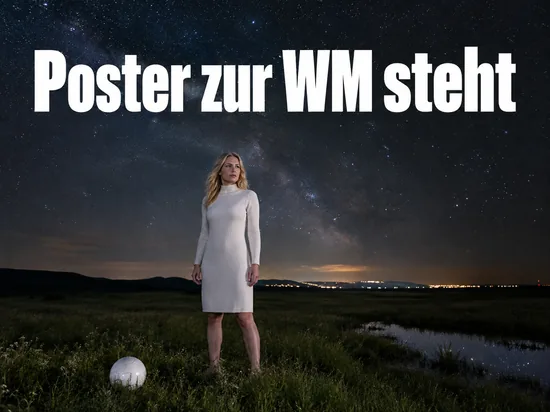 Sternenhimmel über einer Wiese mit einem Fussball im Gras, eine Frau steht davor