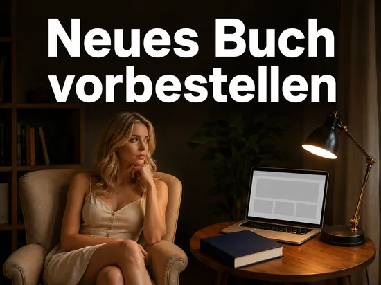 Lesesessel mit einem Buch ohne Aufschrift und Laptop mit Bestellseite als Symbol fuer eine Buch-Vorbestellung