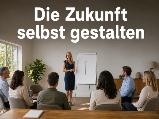 Frau am Flipchart vor einer Seminargruppe, Schriftzug Die Zukunft selbst gestalten