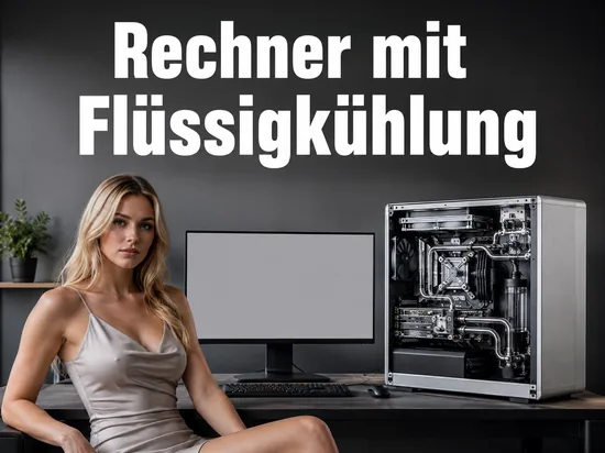 Frau am Schreibtisch mit einem wassergekühlten Rechner und Monitor