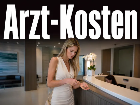 Junge blonde Frau zaehlt besorgt Muenzen an einem Arztpraxis-Empfang als Symbol fuer die Kostenhuerde beim Arztbesuch