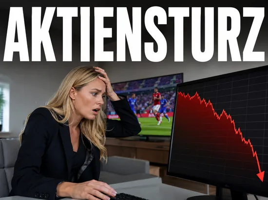 Schockierte blonde Geschaeftsfrau vor steil abstuerzendem rotem Aktienkurs und Fussball-Fernseher, Symbolbild dramatischer Aktiensturz nach Verlust der Bundesliga-Rechte