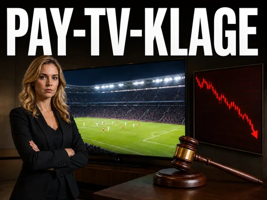 Ernste blonde Geschaeftsfrau vor Fernseher mit Fussballspiel, Richterhammer und fallendem rotem Kurs, Symbolbild Rechtsstreit um Pay-TV-Uebertragungsrechte