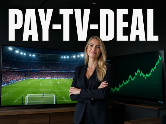 Selbstbewusste blonde Geschaeftsfrau vor Fernseher mit Fussballspiel und steigendem gruenem Kurs, Symbolbild Pay-TV-Anbieter gewinnt Fussball-Uebertragungsrechte