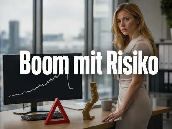 Monitor mit steigender und abknickender Kurve, wackliger Muenzturm und rotes Warndreieck, davor eine Frau mit besorgtem Blick