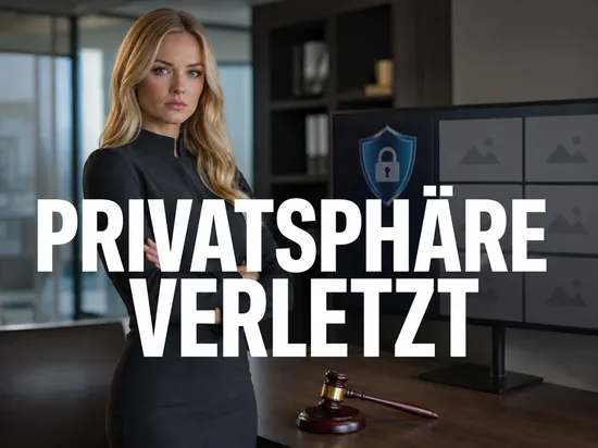 Blonde Geschaeftsfrau vor Monitor mit Schutzschild und abgedeckten Bildplatzhaltern neben Gerichtshammer, Schriftzug Privatsphaere verletzt