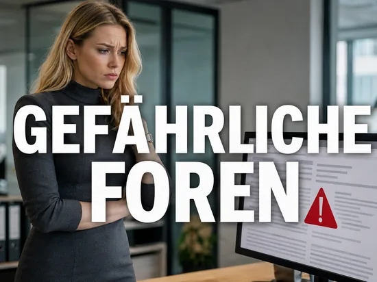 Blonde Frau blickt besorgt auf Monitor mit Forumsseite und rotem Warndreieck, Schriftzug Gefaehrliche Foren