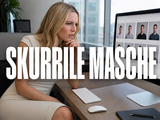 Blonde Geschaeftsfrau blickt skeptisch auf Monitor mit Portraitfotos einer Webseite, Schriftzug Skurrile Masche