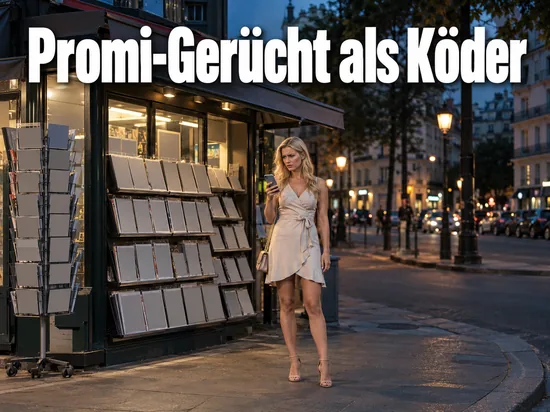 Frau blickt an einem abendlichen Zeitschriftenkiosk skeptisch auf ihr Smartphone