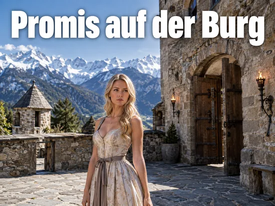 Frau mit Gepaeck vor dem grossen Tor einer alten Burg