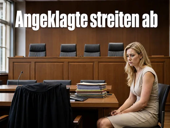 Frau in einem Gerichtssaal mit Aktenstapel und Robe: Angeklagte bestreiten die Vorwuerfe
