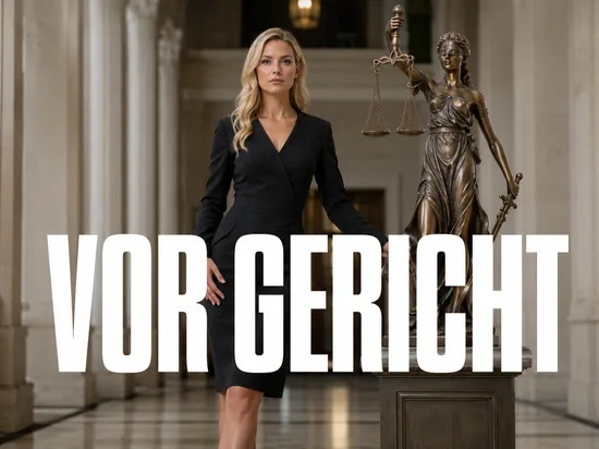 Blonde Frau in einem Gerichtsgebäude neben einer Justitia-Statue als Symbol für ein laufendes Strafverfahren