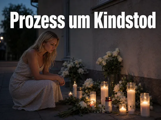 Frau an einem Gedenkort mit Kerzen und weissen Blumen: Prozess um den Tod eines Kindes