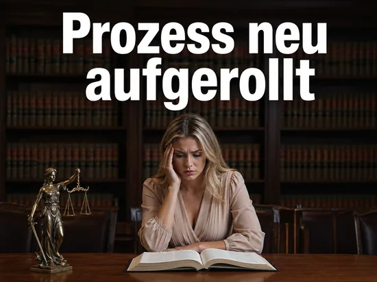 Frau in einer Gerichtsbibliothek vor einem aufgeschlagenen Gesetzbuch neben einer Justitia-Figur: Prozess wird neu aufgerollt