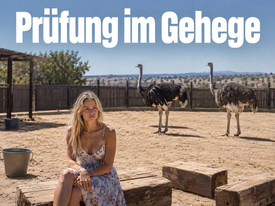 Frau sitzt auf einem Holzbalken in einem Straußengehege