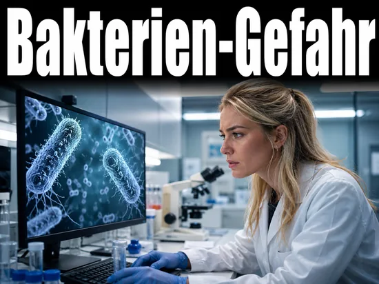 Junge blonde Wissenschaftlerin blickt besorgt auf eine Darstellung gefaehrlicher Bakterien als Symbol fuer eine Infektionskrankheit
