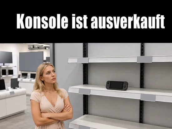 Frau vor einem fast leeren Regal mit einer Handheld-Konsole