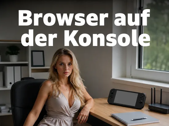 Blonde Frau am Schreibtisch mit einer Handheld-Spielkonsole mit leerem Display und einem WLAN-Router