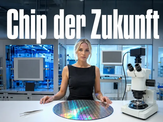 Blonde Frau in einem Halbleiterlabor an einem weissen Tisch mit grossem Silizium-Wafer und Mikroskop