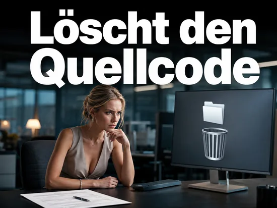 Angespannte Geschaeftsfrau vor einem Monitor mit Ordner ueber Papierkorb und einem Schreiben auf dem Tisch als Symbol fuer Microsofts Aufforderung, den Quellcode zu loeschen