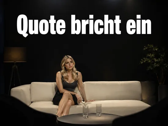 Frau sitzt allein auf einem Studiosofa im abgedunkelten Fernsehstudio
