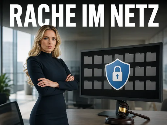 Blonde Geschaeftsfrau vor Monitor mit gesperrten Dateien und Schutzschild neben Gerichtshammer, Schriftzug Rache im Netz
