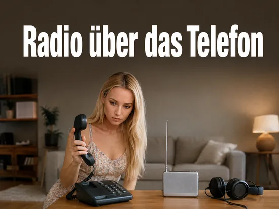 Frau mit Telefonhörer am Wohnzimmertisch neben Kofferradio und Kopfhörern, Schriftzug Radio über das Telefon
