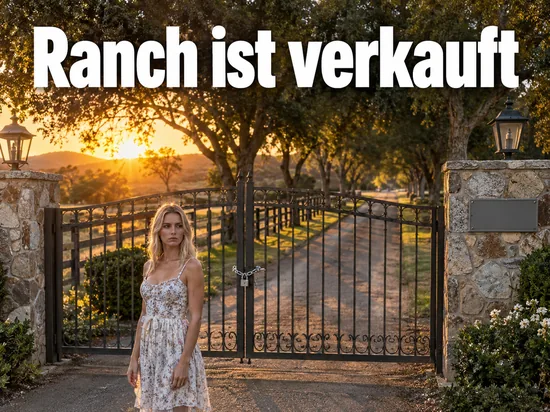 Frau steht vor einem verschlossenen schmiedeeisernen Tor einer Ranch im Abendlicht