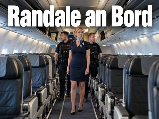 Flugbegleiterin im Gang einer leeren Flugzeugkabine, dahinter zwei Polizisten
