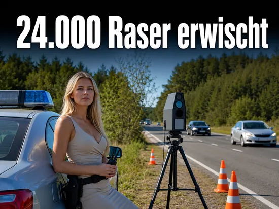 Mobile Geschwindigkeitsmessung an einer Landstrasse mit Streifenwagen und Messgeraet auf dem Stativ