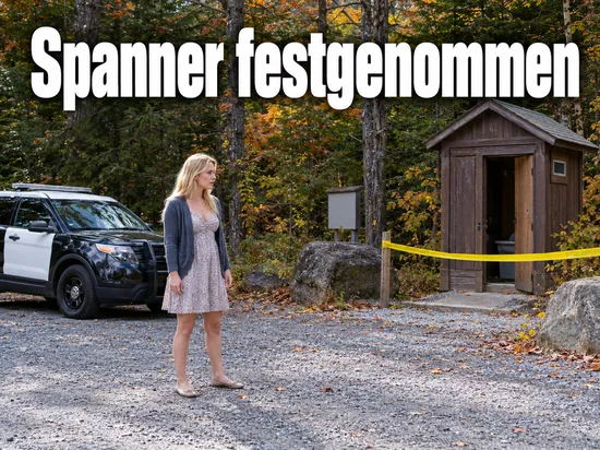 Frau mit Strickjacke auf einem Waldparkplatz neben einem Polizeiwagen vor einem abgesperrten Toilettenhäuschen, darüber der Schriftzug Spanner festgenommen