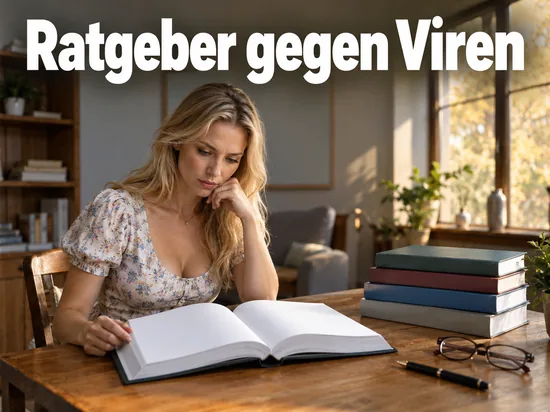 Aufgeschlagenes Buch mit leeren Seiten und Bücherstapel auf einem Tisch
