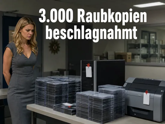 Frau an einem Asservatentisch mit gestapelten CD-Huellen und beschlagnahmtem Computer: 3.000 Raubkopien sichergestellt