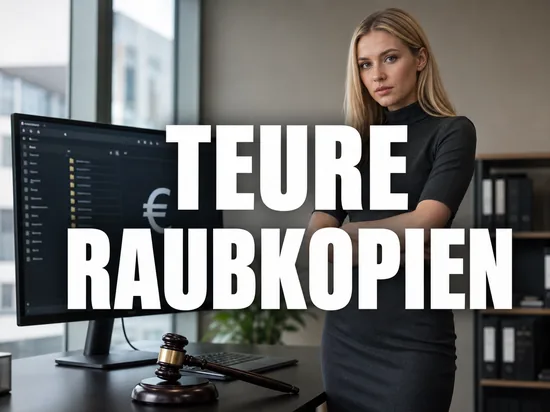 Blonde Frau vor Monitor mit Filmdateiliste und Eurozeichen neben Gerichtshammer, Schriftzug Teure Raubkopien