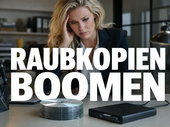 Blonde Geschaeftsfrau blickt besorgt auf einen Stapel Rohlinge neben einem Brenner, Schriftzug Raubkopien boomen