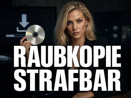 Ernste Geschäftsfrau hält eine silberne Disc vor angedeuteten Bildschirmen mit Download-Symbol, Symbolbild für strafbare Raubkopien und Urheberrechtsverletzung