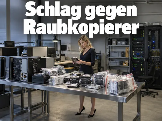 Frau im dunklen Kleid betrachtet in einem Asservatenraum beschlagnahmte Festplatten und Computer in Beweismitteltüten, darüber der Schriftzug Schlag gegen Raubkopierer