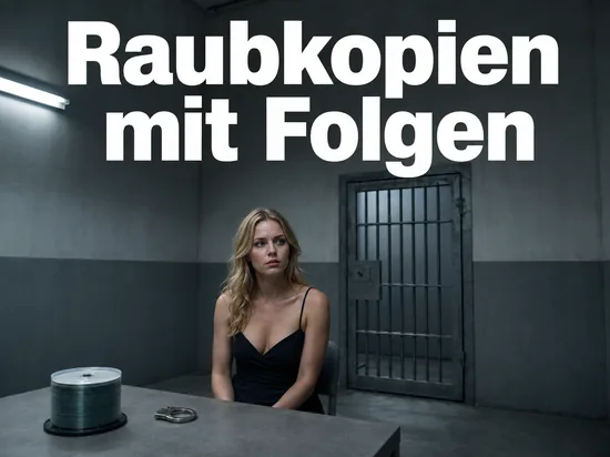 Karger Raum mit Gittertuer, CD-Rohlingen und Handschelle als Symbol fuer Strafen bei Raubkopien