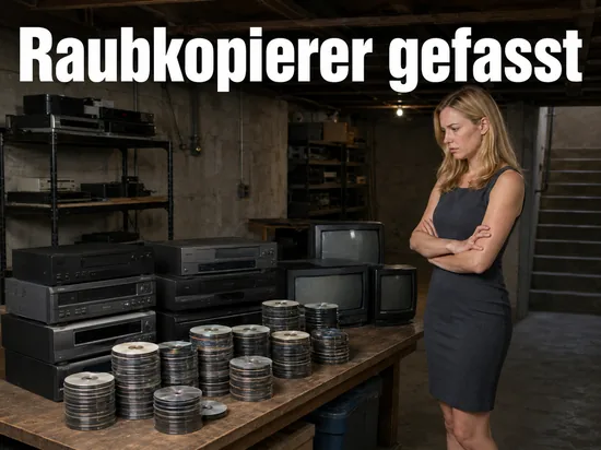 Frau vor beschlagnahmter Technik und DVD-Stapeln in einem Keller: Raubkopierer mit tausenden Kopien gefasst