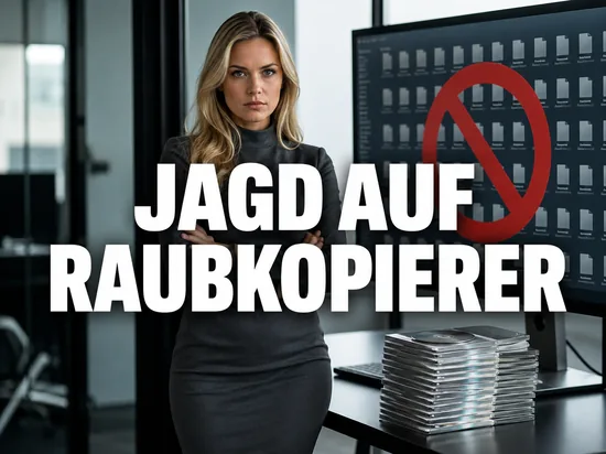 Blonde Geschaeftsfrau vor Monitor mit vielen Dateisymbolen und rotem Verbotszeichen neben Stapel Datentraeger, Schriftzug Jagd auf Raubkopierer