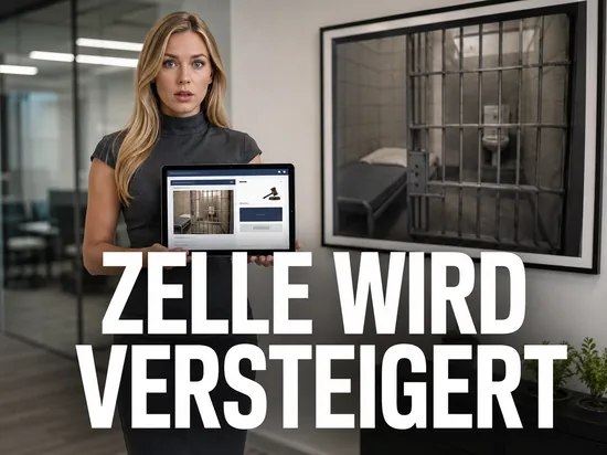 Blonde Geschaeftsfrau zeigt Tablet mit Auktionsseite vor einem Foto einer leeren Gefaengniszelle, Schriftzug Zelle wird versteigert
