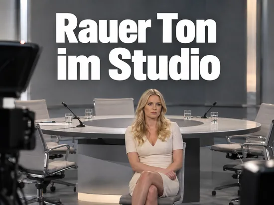 Frau sitzt an einem runden Tisch einer Diskussionsrunde im Fernsehstudio