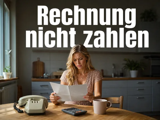Kuechentisch mit Telefonrechnung, Telefon, Taschenrechner und Kaffeetasse
